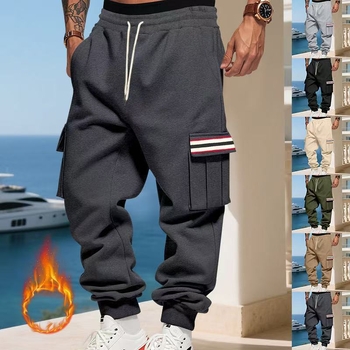 Férfi fleece-bélésű laza szabású casual nadrág, középmagas derekú, 100% poliészter, mikroelasztikus
