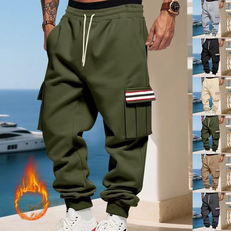 Férfi fleece-bélésű laza szabású casual nadrág, középmagas derekú, 100% poliészter, mikroelasztikus