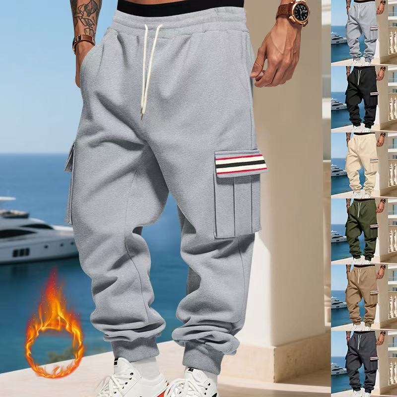Férfi fleece-bélésű laza szabású casual nadrág, középmagas derekú, 100% poliészter, mikroelasztikus