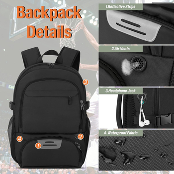 Rucsac de baschet cu suport separat pentru minge și compartiment pentru încălțăminte, capacitate mare, din poliester