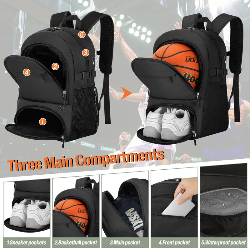 Rucsac de baschet cu suport separat pentru minge și compartiment pentru încălțăminte, capacitate mare, din poliester
