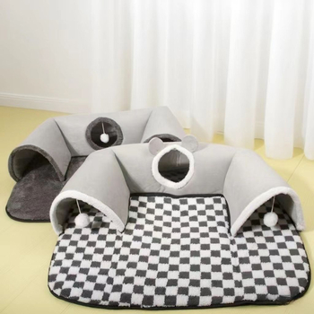 Macska fészek U‑alakú alagúttal és ággyal – szövet, levehető és mosható, búvó‑kereső játék macskáknak
