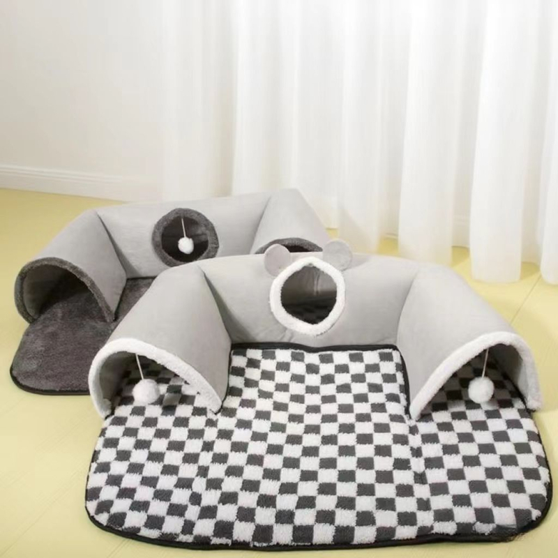 Macska fészek U‑alakú alagúttal és ággyal – szövet, levehető és mosható, búvó‑kereső játék macskáknak