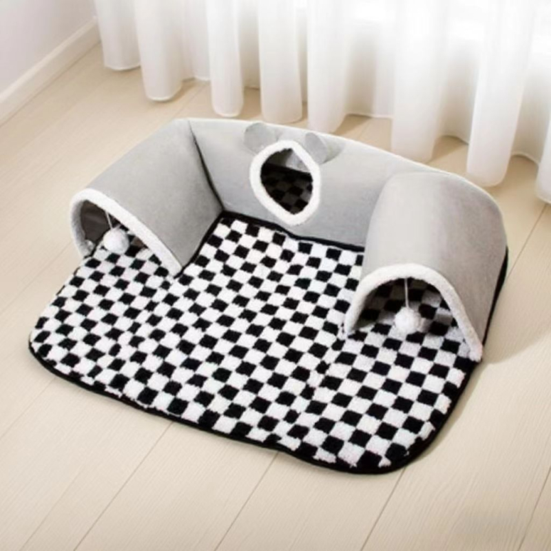 Macska fészek U‑alakú alagúttal és ággyal – szövet, levehető és mosható, búvó‑kereső játék macskáknak