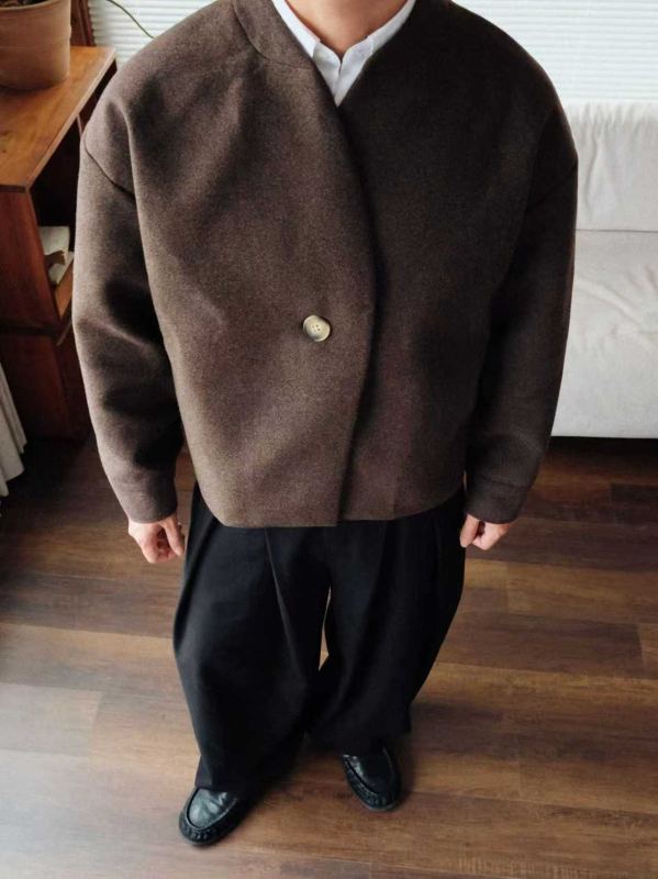 Cardigan bărbătesc fără guler, mâneci lungi, croială lejeră, țesătură din lână cu nailon și poliester