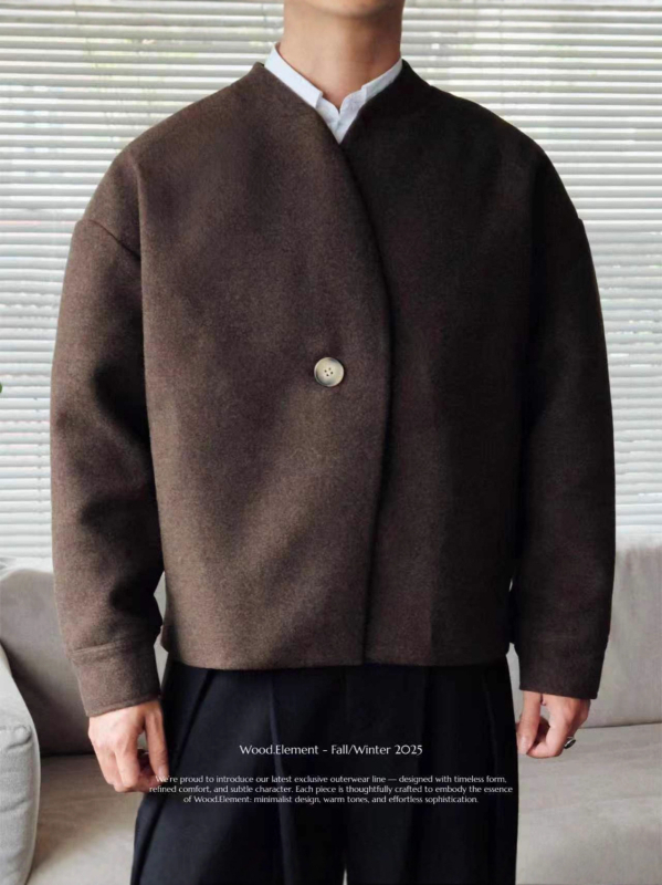 Cardigan bărbătesc fără guler, mâneci lungi, croială lejeră, țesătură din lână cu nailon și poliester