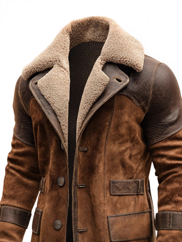 PU bőrből készült kabát, poliészter bélés, brit stílus, lazább szabás, egysoros gombolás