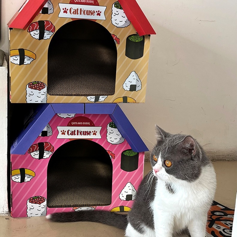 Casă pentru pisici din carton ondulat cu zgârierea, casă în stil vilă, spațiu generos, pentru toate anotimpurile