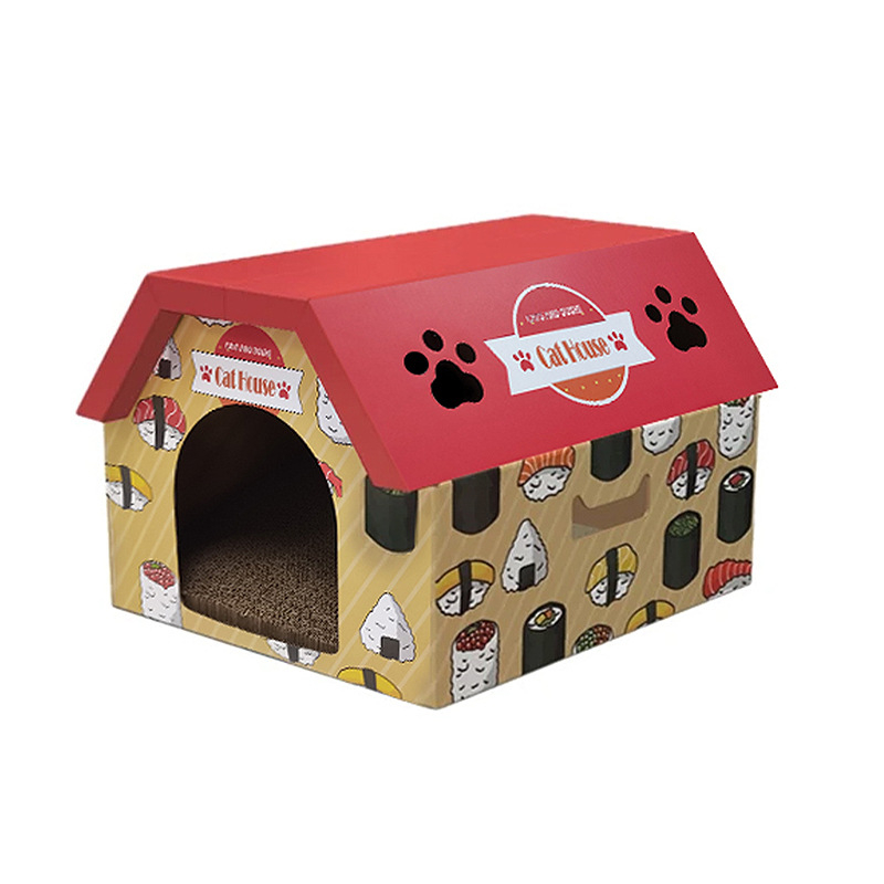 Casă pentru pisici din carton ondulat cu zgârierea, casă în stil vilă, spațiu generos, pentru toate anotimpurile