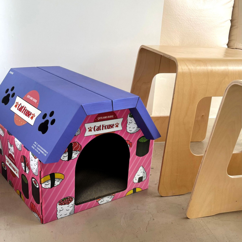 Casă pentru pisici din carton ondulat cu zgârierea, casă în stil vilă, spațiu generos, pentru toate anotimpurile
