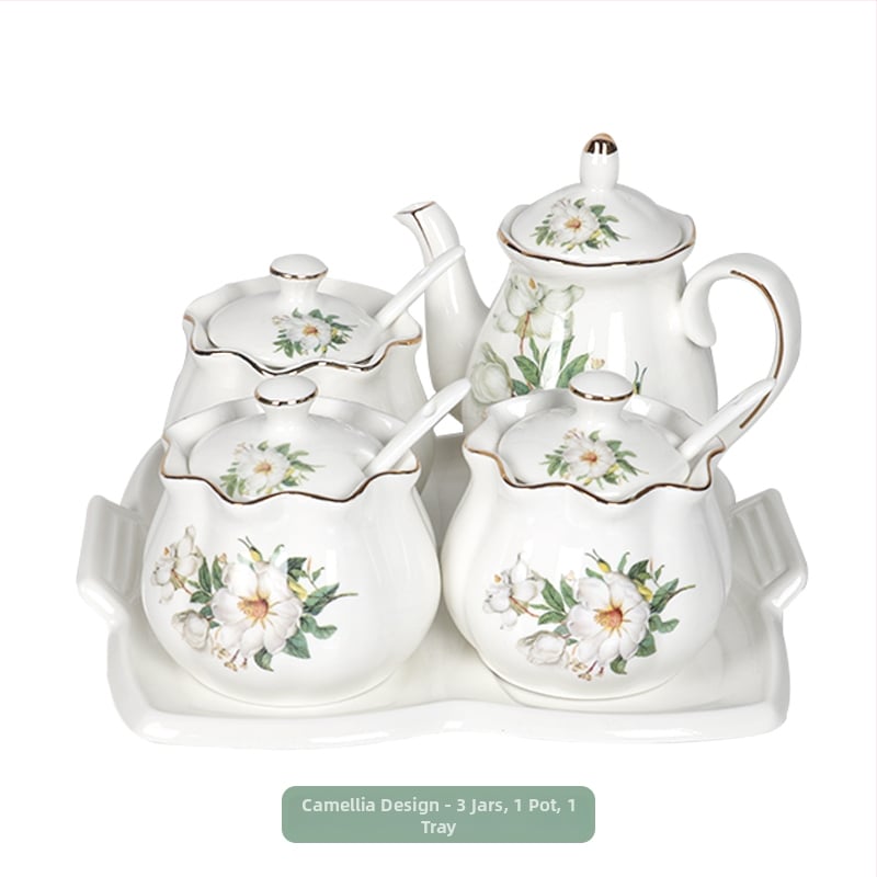 Keramički set posuda za začine za kuhinju sa soli, šećera i stakom za ocat – kineski stil, bez bušenja; Materijal: keramika; Kategorija: stalak za začine