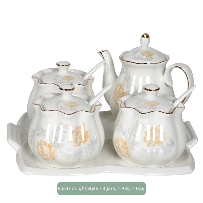 Keramički set posuda za začine za kuhinju sa soli, šećera i stakom za ocat – kineski stil, bez bušenja; Materijal: keramika; Kategorija: stalak za začine