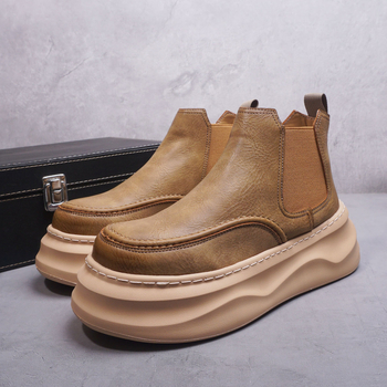 Chelsea čizme s debelom podstavlj, muške, gornji dio od mikrovlaknа + split kože, srednje visoke, 3–5 cm peta, jesen