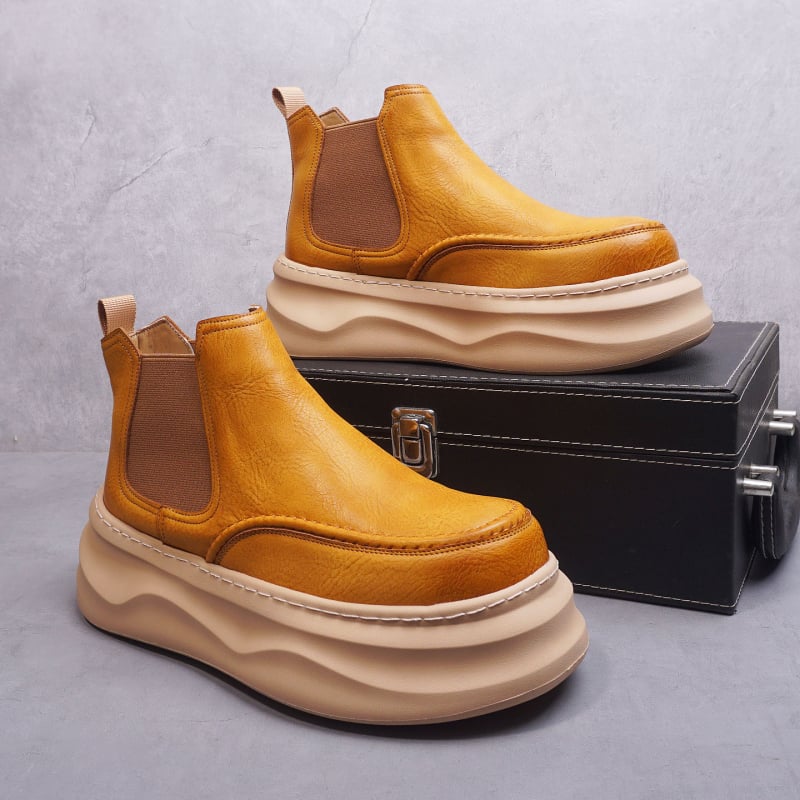 Chelsea čizme s debelom podstavlj, muške, gornji dio od mikrovlaknа + split kože, srednje visoke, 3–5 cm peta, jesen