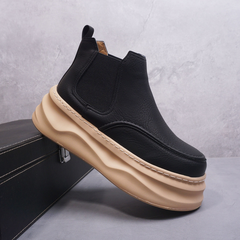 Chelsea čizme s debelom podstavlj, muške, gornji dio od mikrovlaknа + split kože, srednje visoke, 3–5 cm peta, jesen