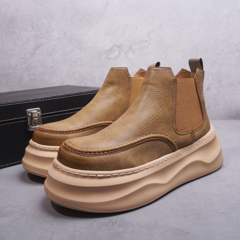 Chelsea čizme s debelom podstavlj, muške, gornji dio od mikrovlaknа + split kože, srednje visoke, 3–5 cm peta, jesen