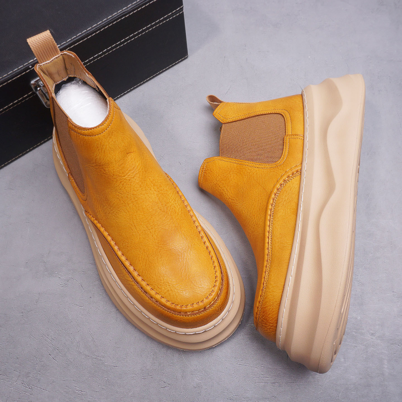 Chelsea čizme s debelom podstavlj, muške, gornji dio od mikrovlaknа + split kože, srednje visoke, 3–5 cm peta, jesen