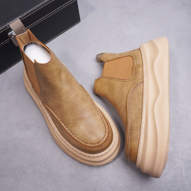 Chelsea čizme s debelom podstavlj, muške, gornji dio od mikrovlaknа + split kože, srednje visoke, 3–5 cm peta, jesen