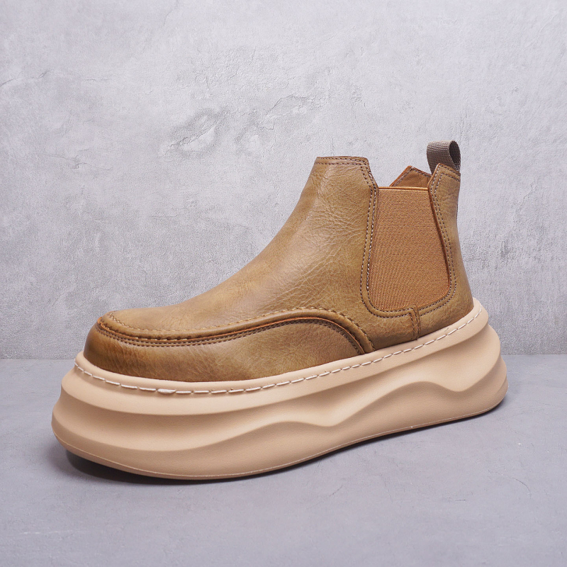 Chelsea čizme s debelom podstavlj, muške, gornji dio od mikrovlaknа + split kože, srednje visoke, 3–5 cm peta, jesen