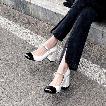 Ženske Mary Jane cipele s kvadratnim nosom, debeli pet 6-8 cm, PU gornji dio, gumena potplat, kopčanje s kopčom