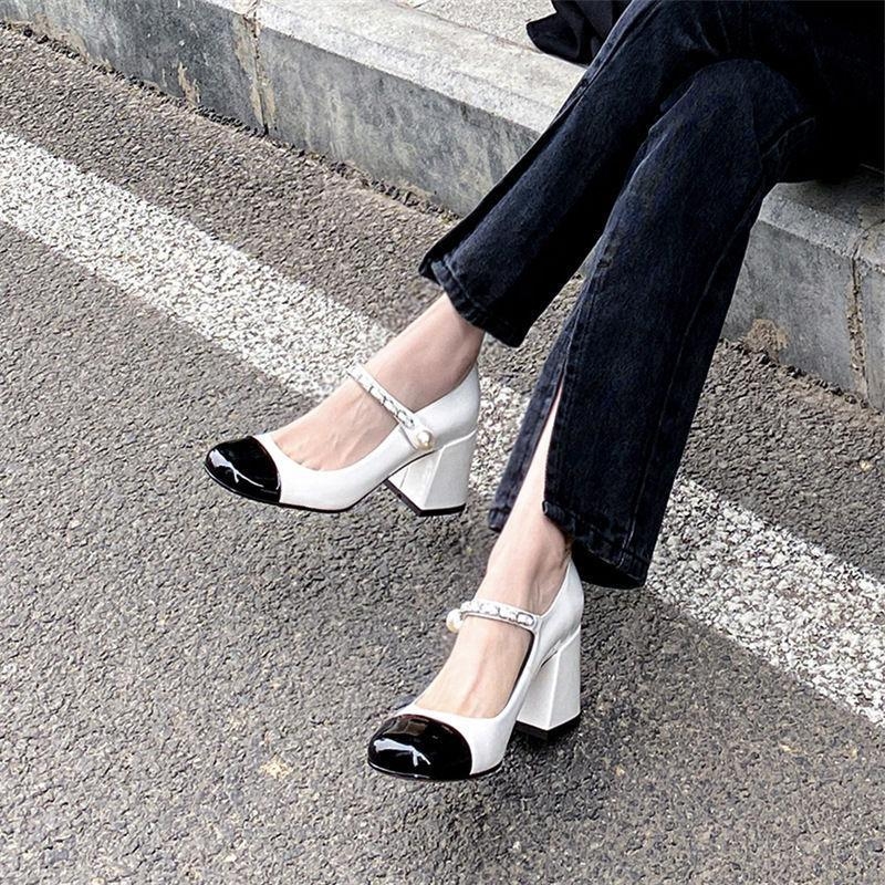 Ženske Mary Jane cipele s kvadratnim nosom, debeli pet 6-8 cm, PU gornji dio, gumena potplat, kopčanje s kopčom