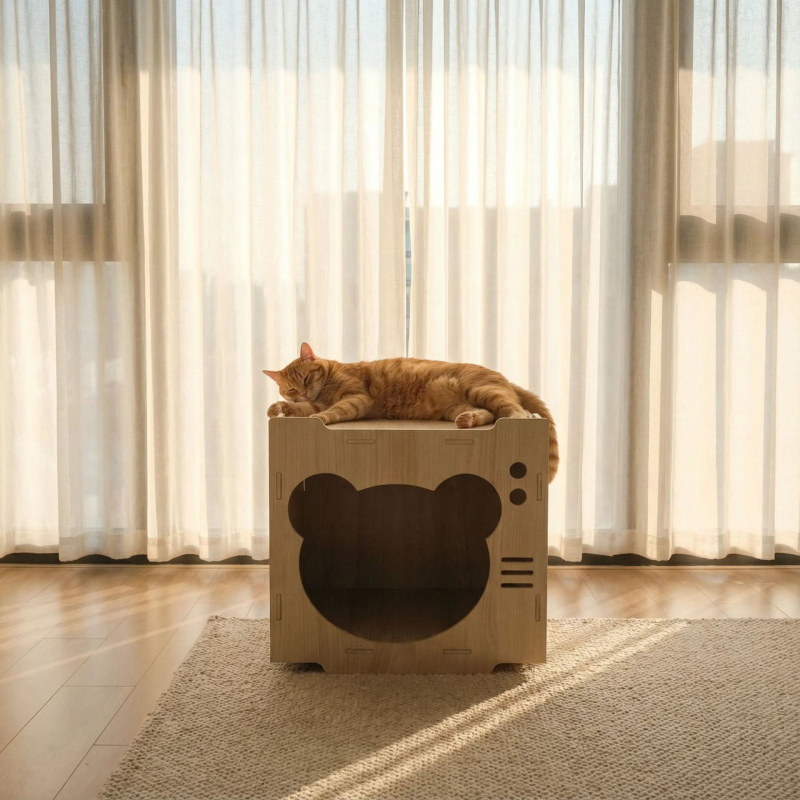 Casă pentru pisici din lemn, cu mai multe etaje, cu pat pentru pisică și placă de zgâriere dublă, pentru interior, utilizare pe tot anul