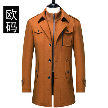 Férfi középméretű gyapjú kabát, vastagított, egy soros gombolású, övvel, poliészter béléssel