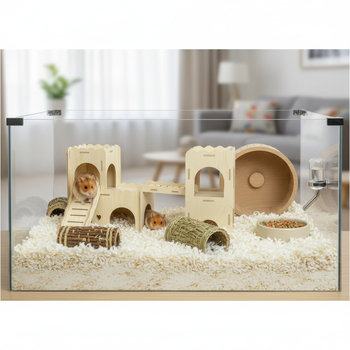 Adăpost din lemn pentru hamster cu scări, cuib cald, căsuță și jucării – set complet de decorare a cuștii