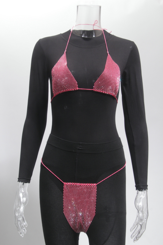 Ženski bikini set s kristalima i strap dizajnom – dvodijelni bikini od poliestera (80%), bez podstave, bez čelične potpore, stilovi: trokut, bikini s suknjom, za otvorenu plažu