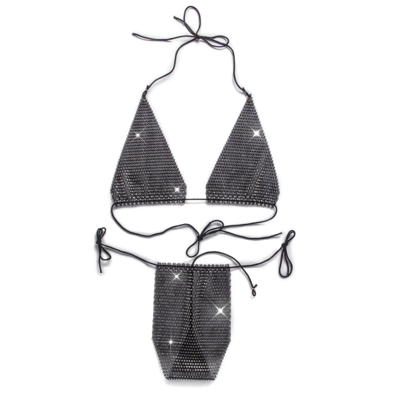 Ženski bikini set s kristalima i strap dizajnom – dvodijelni bikini od poliestera (80%), bez podstave, bez čelične potpore, stilovi: trokut, bikini s suknjom, za otvorenu plažu