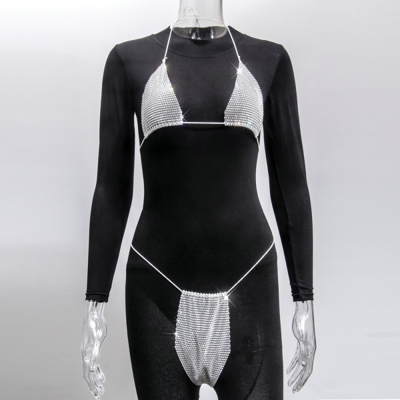 Ženski bikini set s kristalima i strap dizajnom – dvodijelni bikini od poliestera (80%), bez podstave, bez čelične potpore, stilovi: trokut, bikini s suknjom, za otvorenu plažu