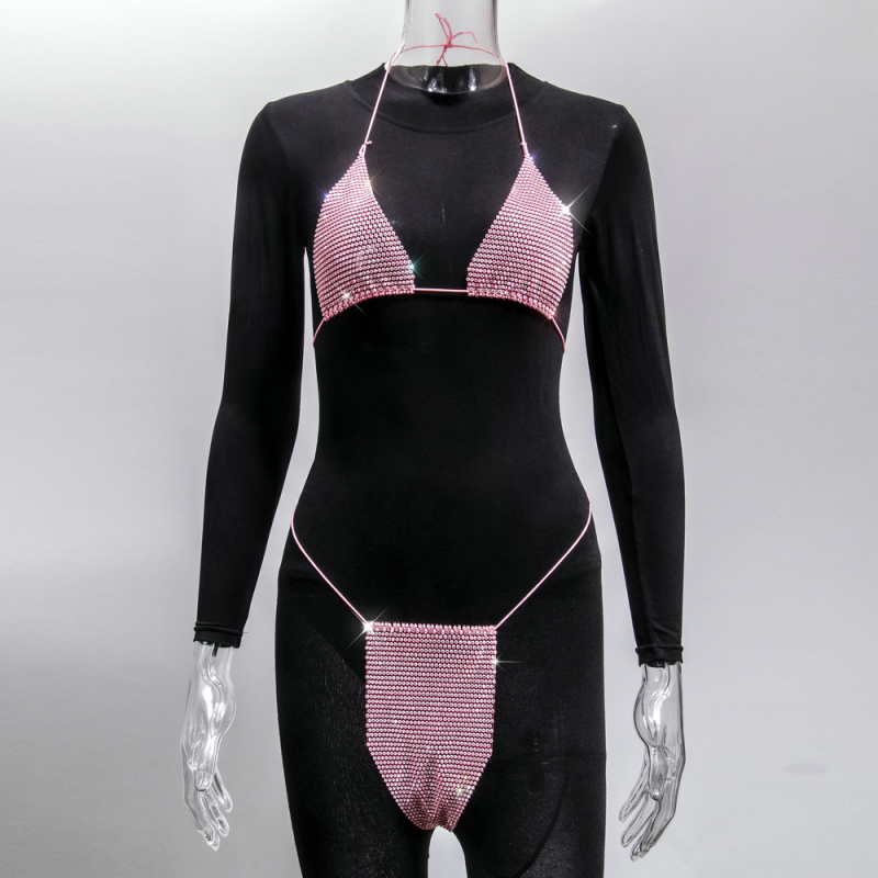 Ženski bikini set s kristalima i strap dizajnom – dvodijelni bikini od poliestera (80%), bez podstave, bez čelične potpore, stilovi: trokut, bikini s suknjom, za otvorenu plažu