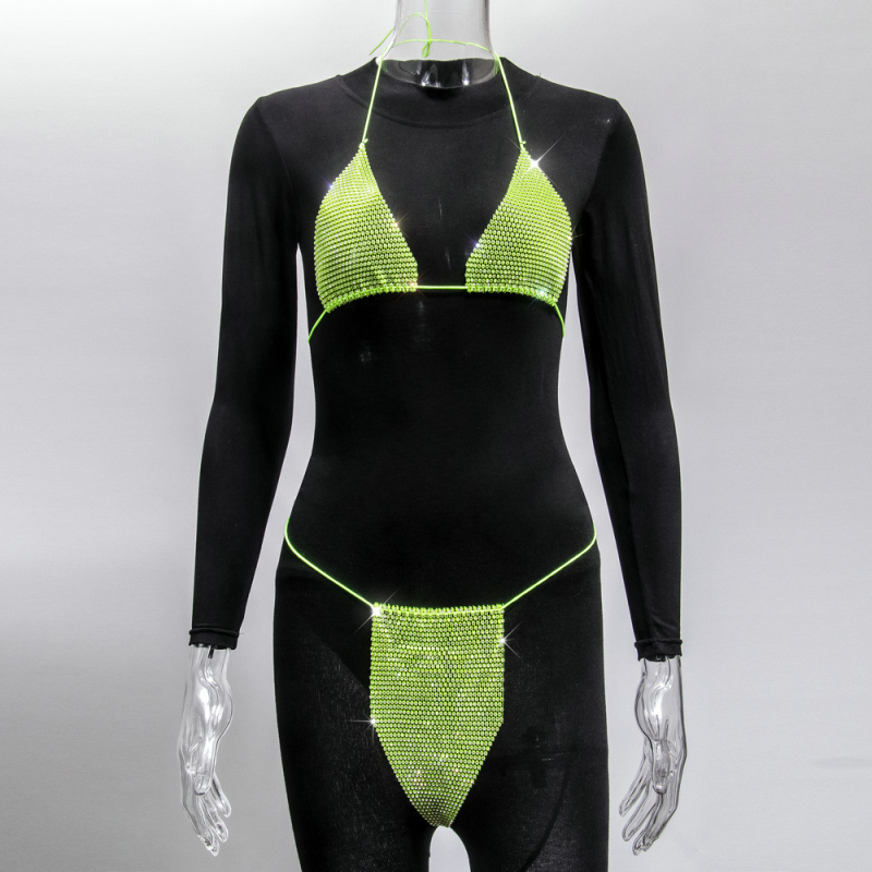 Ženski bikini set s kristalima i strap dizajnom – dvodijelni bikini od poliestera (80%), bez podstave, bez čelične potpore, stilovi: trokut, bikini s suknjom, za otvorenu plažu