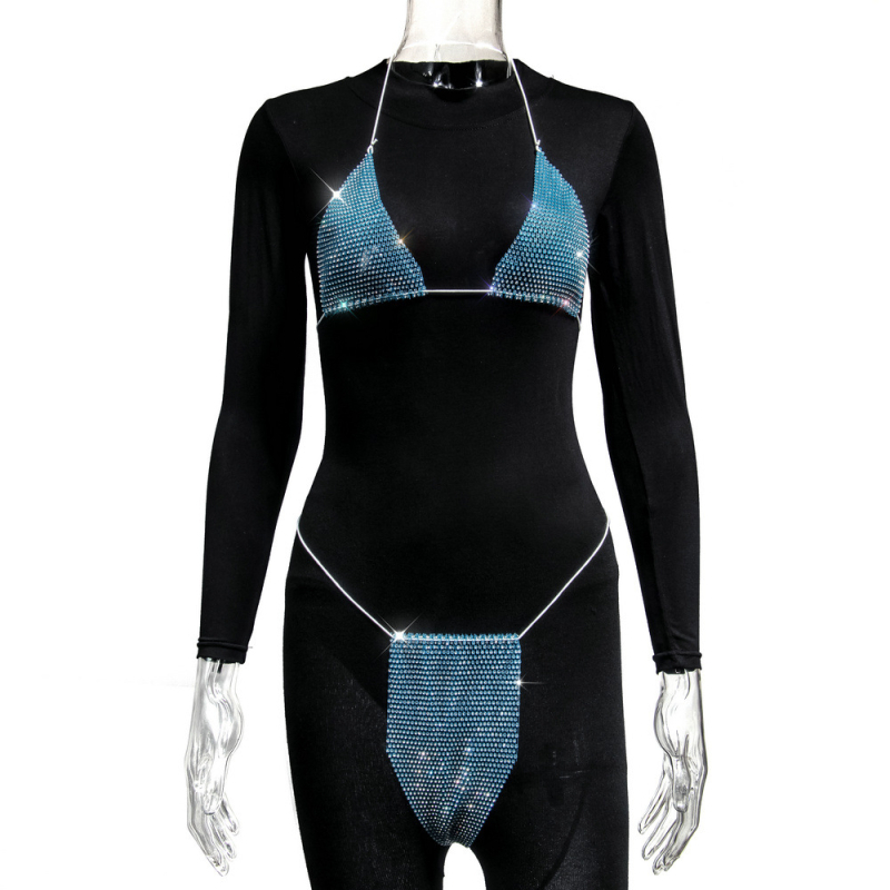 Ženski bikini set s kristalima i strap dizajnom – dvodijelni bikini od poliestera (80%), bez podstave, bez čelične potpore, stilovi: trokut, bikini s suknjom, za otvorenu plažu