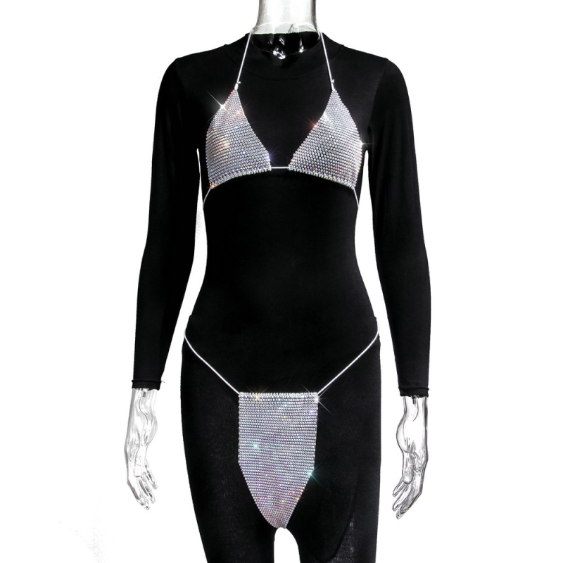 Ženski bikini set s kristalima i strap dizajnom – dvodijelni bikini od poliestera (80%), bez podstave, bez čelične potpore, stilovi: trokut, bikini s suknjom, za otvorenu plažu