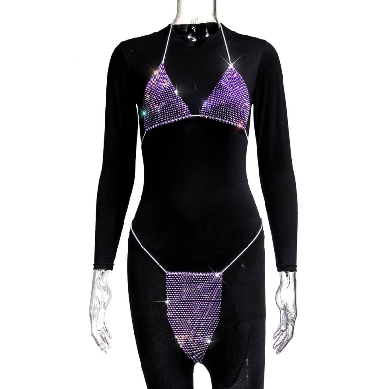 Ženski bikini set s kristalima i strap dizajnom – dvodijelni bikini od poliestera (80%), bez podstave, bez čelične potpore, stilovi: trokut, bikini s suknjom, za otvorenu plažu