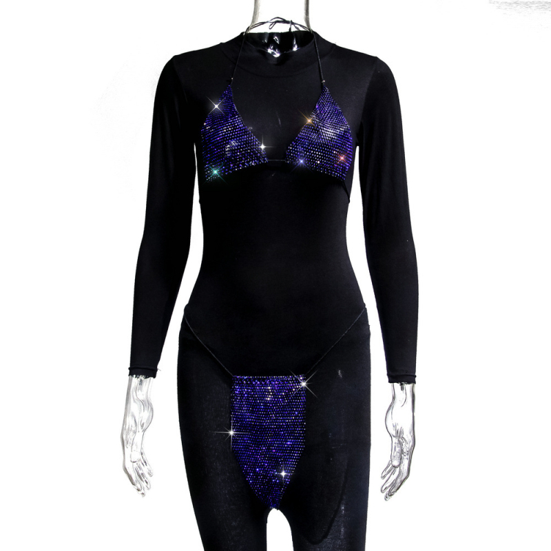 Ženski bikini set s kristalima i strap dizajnom – dvodijelni bikini od poliestera (80%), bez podstave, bez čelične potpore, stilovi: trokut, bikini s suknjom, za otvorenu plažu