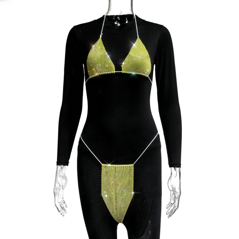 Ženski bikini set s kristalima i strap dizajnom – dvodijelni bikini od poliestera (80%), bez podstave, bez čelične potpore, stilovi: trokut, bikini s suknjom, za otvorenu plažu