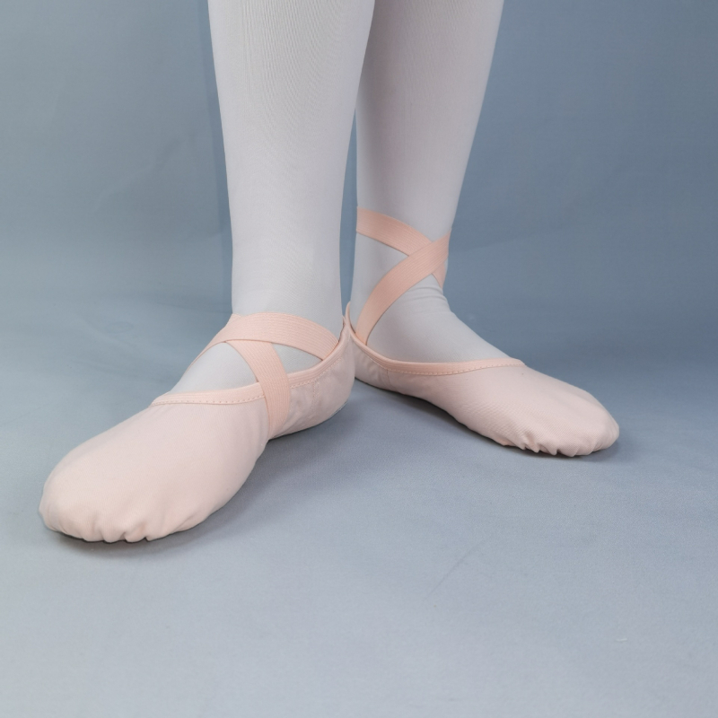 Balettcipő fűző nélküli hosszú pánttal (lélegző, könnyű, bőrtalp, pamut felsőrész)