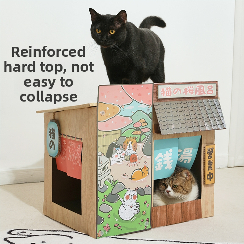 MISSPET Macska karmoló deszka és macska ház, japán stílusú, kétszintes macska ugróplatforma; 1 darab, hullámkartonból