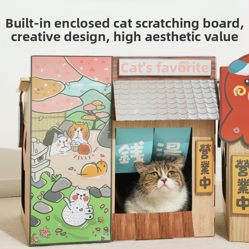 MISSPET Macska karmoló deszka és macska ház, japán stílusú, kétszintes macska ugróplatforma; 1 darab, hullámkartonból