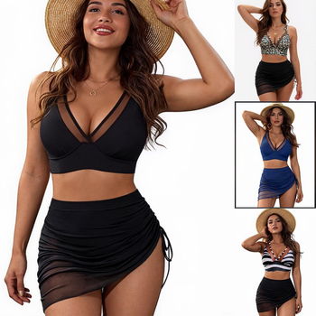 Troje djelni bikini set s mrežastom suknjom za žene, top bez rukava s umetkom za prsa, bez metalne potpore; poliester tkanina (82% poliester) s podstavom od elastana 20%, težina 243 g