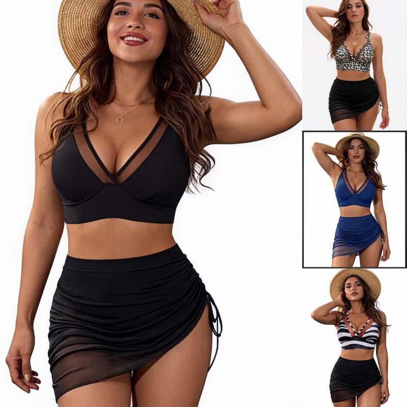Troje djelni bikini set s mrežastom suknjom za žene, top bez rukava s umetkom za prsa, bez metalne potpore; poliester tkanina (82% poliester) s podstavom od elastana 20%, težina 243 g