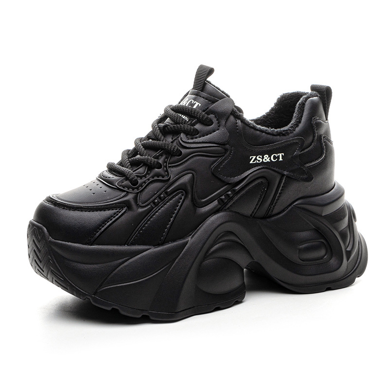 Pantofi sport pentru femei cu talpă groasă - Partea superioară din piele naturală dublă, căptușeală din fleece, platformă 6–8 cm, talpă TPU, închidere cu șireturi