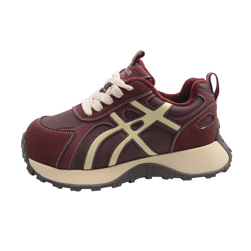 Adidași pentru femei cu căptușeală din fleece, talpă din cauciuc groasă, înălțime înaltă, închidere cu șiret în față, partea superioară din piele sintetică