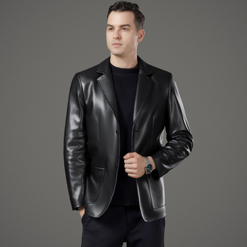 Ανδρικό δερμάτινο μπουφάν από γνήσιο δέρμα προβάτου, κορεατικό στυλ, γιακά σε στυλ σακακιού, κλείσιμο με κουμπιά σε μια σειρά