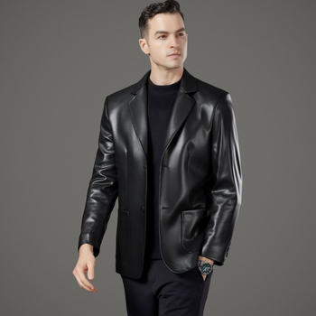 Ανδρικό δερμάτινο μπουφάν από γνήσιο δέρμα προβάτου, κορεατικό στυλ, γιακά σε στυλ σακακιού, κλείσιμο με κουμπιά σε μια σειρά