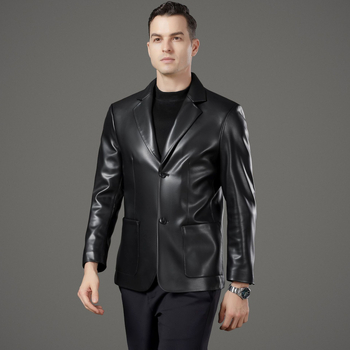 Ανδρικό δερμάτινο μπουφάν από γνήσιο δέρμα προβάτου, κορεατικό στυλ, γιακά σε στυλ σακακιού, κλείσιμο με κουμπιά σε μια σειρά
