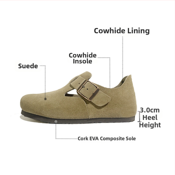 Ženske slip-on cipele od nubuk kože s kopčom, unutarnji ulošak od prave kože, EVA đon, niski potplat 1–3 cm