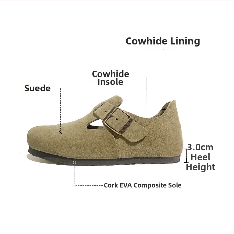 Ženske slip-on cipele od nubuk kože s kopčom, unutarnji ulošak od prave kože, EVA đon, niski potplat 1–3 cm